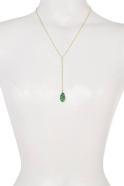 Green Chalcedony Crystal Wire Wrapped Y Necklace - GF