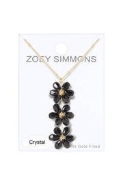 Black Austrian Crystal Flower Bloom Pendant Necklace - GF