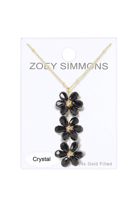 Black Austrian Crystal Flower Bloom Pendant Necklace - GF