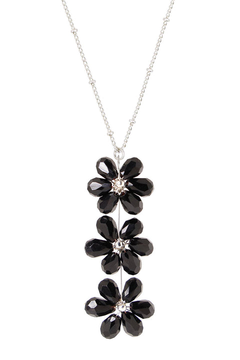 Black Austrian Crystal Flower Bloom Pendant Necklace - SF