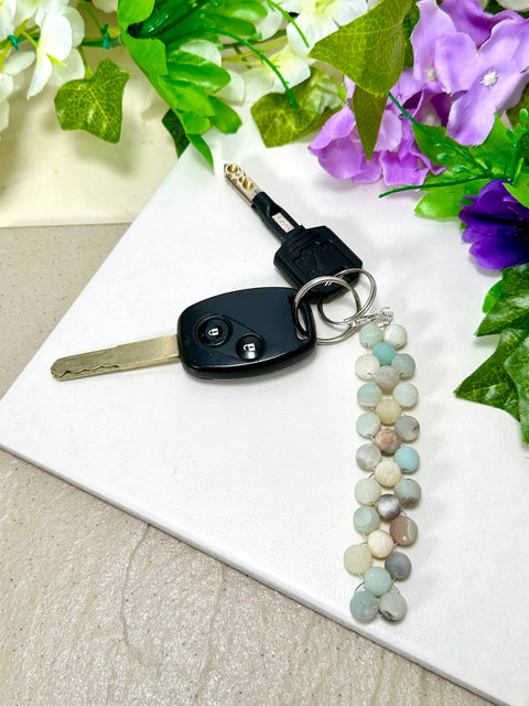 Matte Amazonite 8mm Mala Beads Braided Keychain - SF/GF