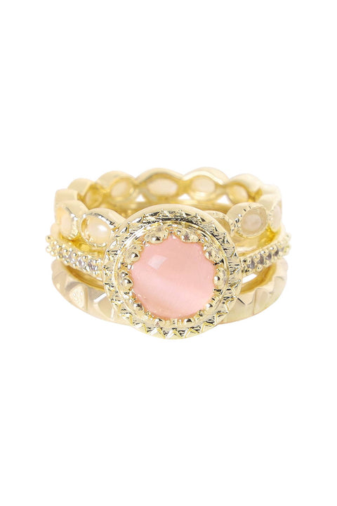 Pink Cat's Eye & CZ Stack Ring Set - GF