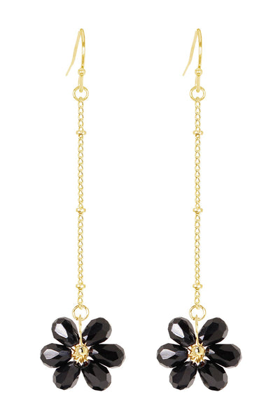 Black Austrian Crystal Flower Bloom Dangle Earrings - GF