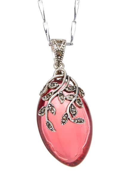 Red Agate & Marcasite Vines Pendant Necklace - SF