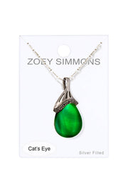 Green Cat's Eye & Marcasite Pear Pendant Necklace - SF