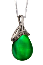 Green Cat's Eye & Marcasite Pear Pendant Necklace - SF