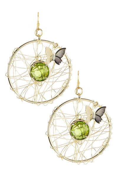 Peridot Crystal & Butterfly Dreamcatcher Drop Earrings - GF