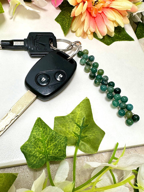 Moss Agate 6mm Mala Beads Braided Keychain - SF/GF