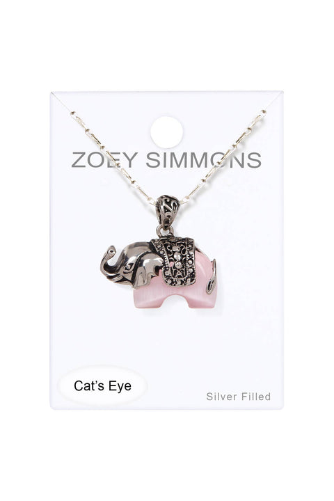 Pink Cat's Eye Little Elephant Pendant Necklace - SF