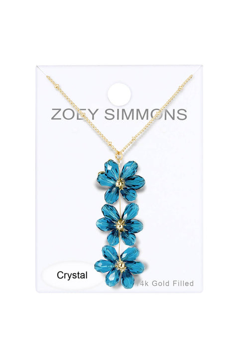 Blue Austrian Crystal Flower Bloom Pendant Necklace - GF