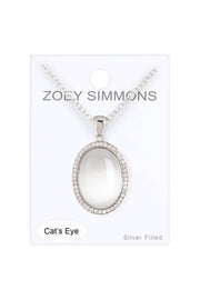 White Cat's Eye & CZ Oval Pendant Necklace - SF