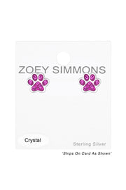 Sterling Silver & Pink Crystal Paw Print Stud Earrings - SS