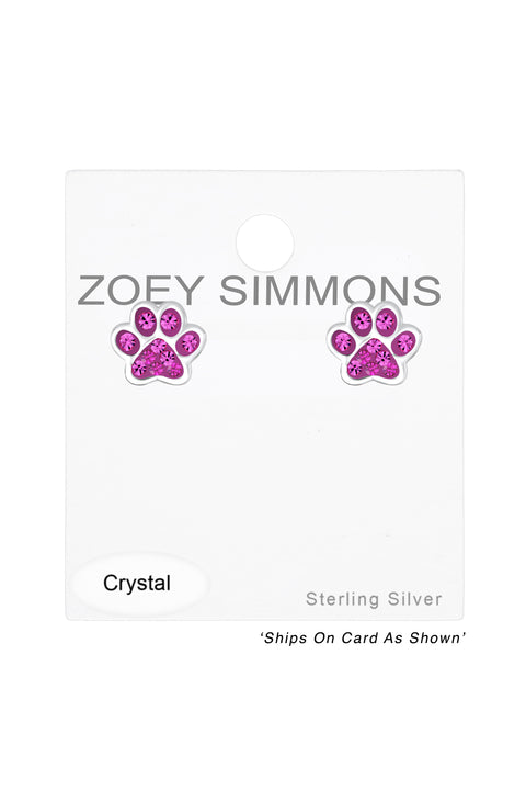 Sterling Silver & Pink Crystal Paw Print Stud Earrings - SS