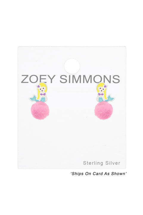 Sterling Silver Mermaid Ear Studs with Epoxy & Pom Pom - SS