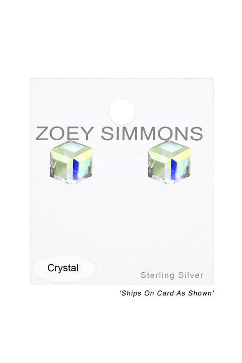 Sterling Silver Cube 4mm Ear Studs With Crystal - SS