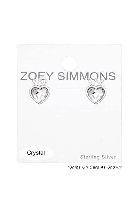 Sterling Silver Heart Crown Ear Studs With Crystal - SS