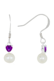 Sterling Silver Heart Amethyst CZ & Faux Pearl Earrings - SS