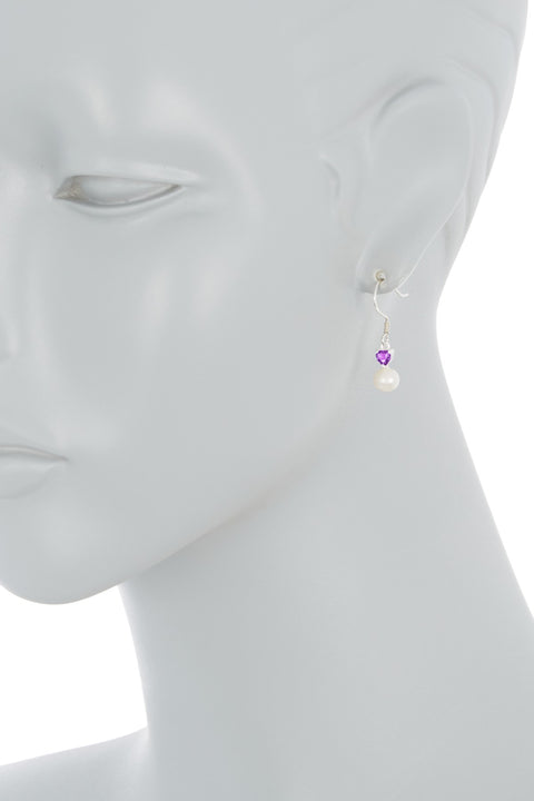 Sterling Silver Heart Amethyst CZ & Faux Pearl Earrings - SS