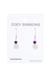 Sterling Silver Heart Amethyst CZ & Faux Pearl Earrings - SS