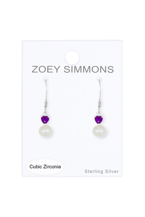 Sterling Silver Heart Amethyst CZ & Faux Pearl Earrings - SS