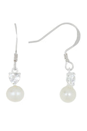 Sterling Silver Heart Clear CZ & Faux Pearl Earrings - SS