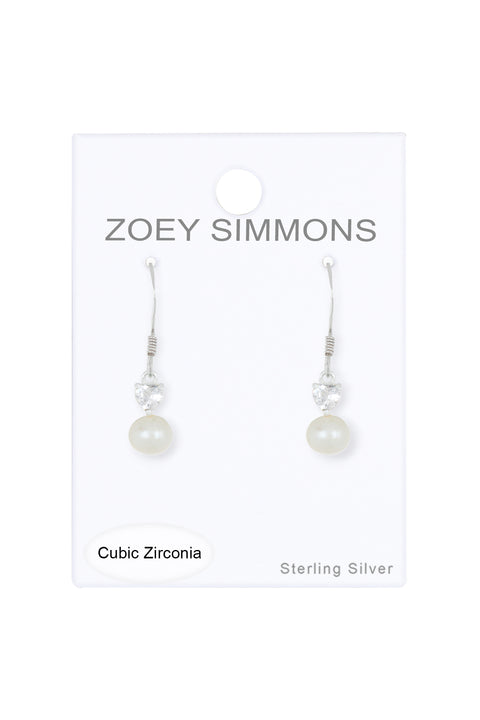 Sterling Silver Heart Clear CZ & Faux Pearl Earrings - SS