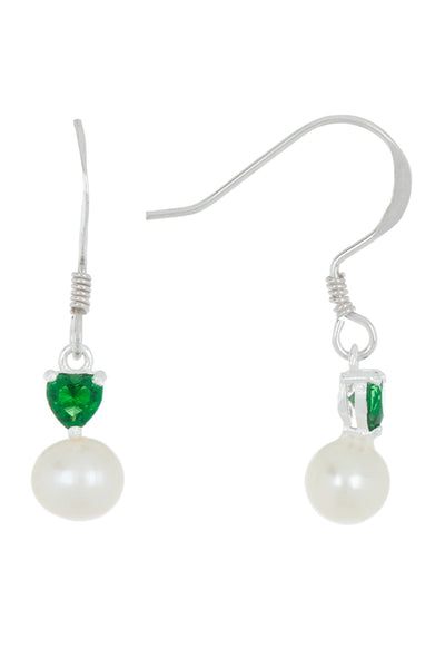 Sterling Silver Heart Emerald CZ & Faux Pearl Earrings - SS