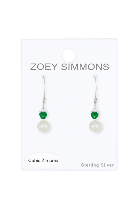 Sterling Silver Heart Emerald CZ & Faux Pearl Earrings - SS