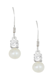 Sterling Silver Faux Pearl & Clear CZ Drop Earrings - SS