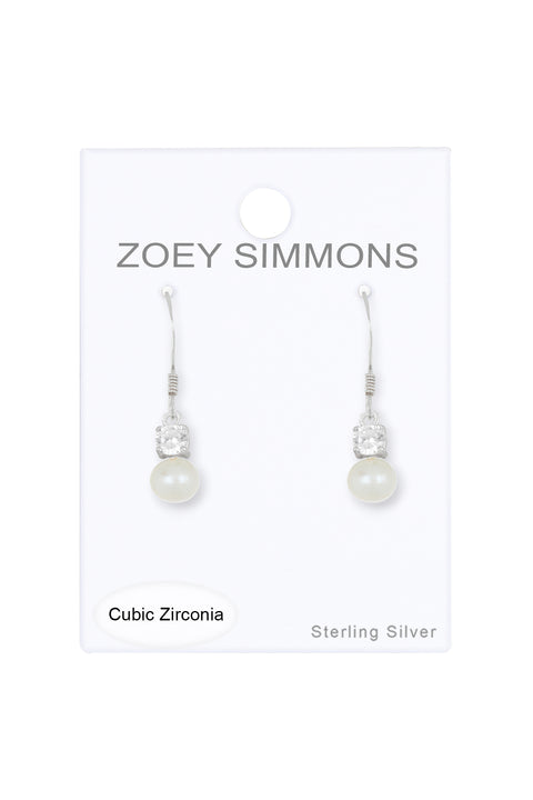 Sterling Silver Faux Pearl & Clear CZ Drop Earrings - SS