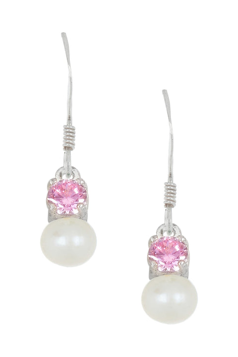 Sterling Silver Faux Pearl & Pink CZ Drop Earrings - SS