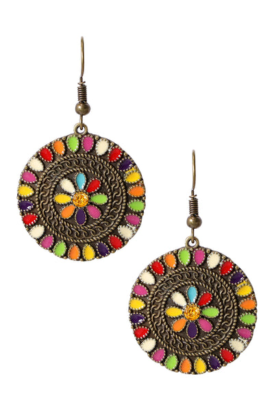 Vintage Boho Floral Pattern Disc Earrings - BR