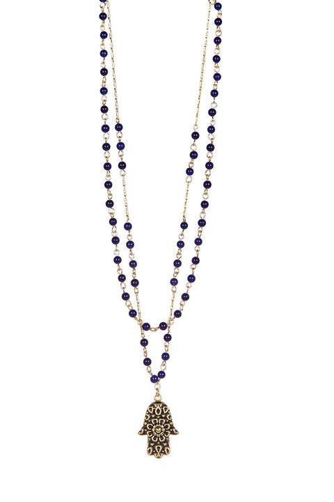 Double Strand Lapis & Hamsa Pendant Necklace - GF