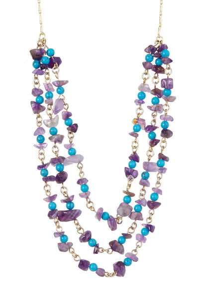 Amethyst & Turquoise Triple Strand Layering Necklace - GF