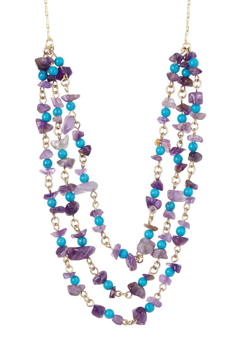 Amethyst & Turquoise Triple Strand Layering Necklace - GF