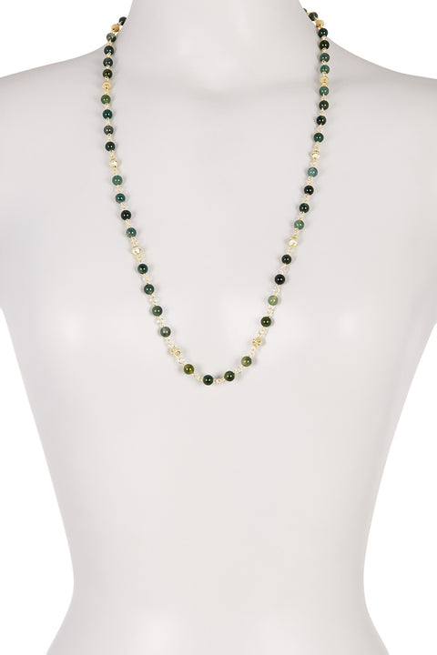 Moss Agate Beads Long Station Necklace - GF