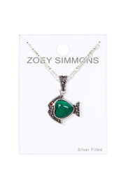 Green Agate & Marcasite Fish Pendant Necklace - SF