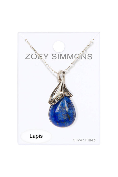 Lapis & Marcasite Pear Pendant Necklace - SF