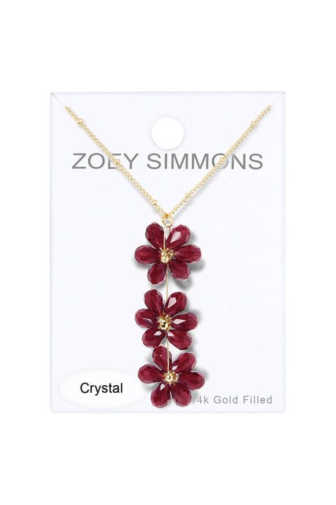 Red Austrian Crystal Flower Bloom Pendant Necklace - GF