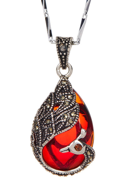 Red Agate & Marcasite Peacock Pendant Necklace - SF