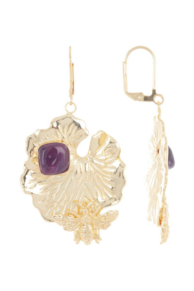 Amethyst & Bee With Lotus Leaf Drop Earrings - GF