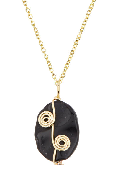 Black Agate Wrapped Stone Pendant Necklace - GF