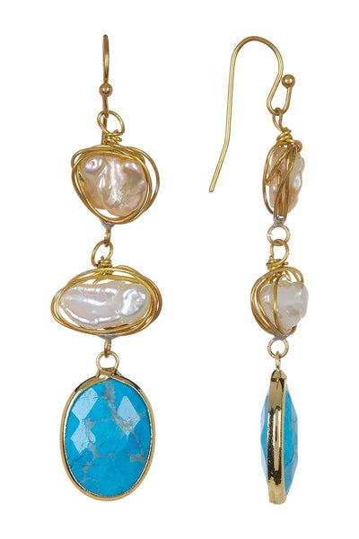 Stabilized Turquoise & Freshwater Pearl Drop Earrings - GF