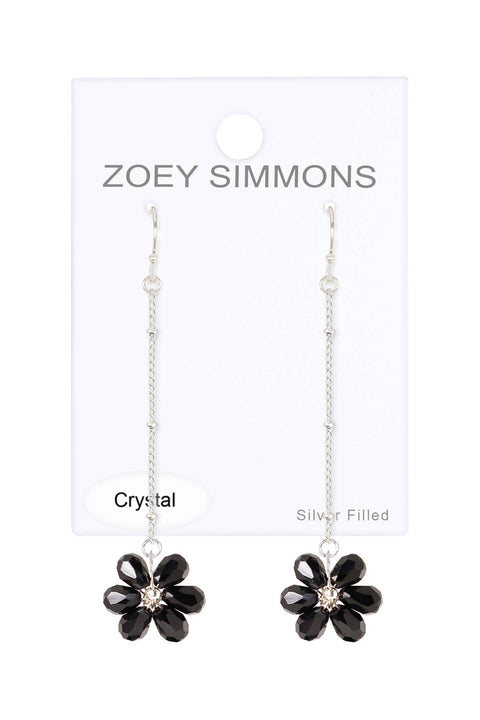 Black Austrian Crystal Flower Bloom Dangle Earrings - SF