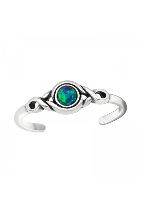 Sterling Silver Patterned Adjustable Toe Ring With Opal - SS