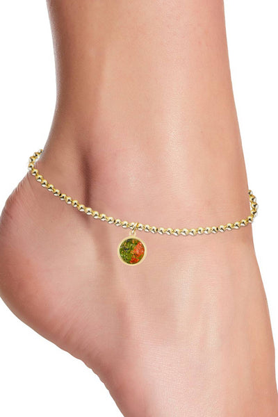 Unakite Beaded Round Charm Anklet - GF