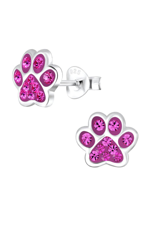 Sterling Silver & Pink Crystal Paw Print Stud Earrings - SS