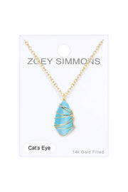 Blue Cat's Eye Wire Wrapped Pendant Necklace - GF