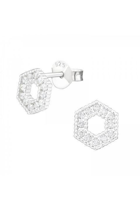 Sterling Silver Hexagon Ear Studs With Cubic Zirconia - SS