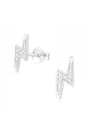 Sterling Silver Lightning Bolt Ear Studs With CZ - SS